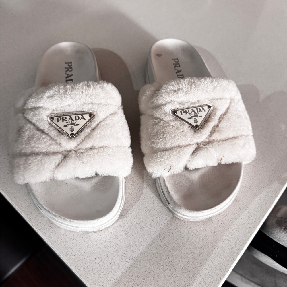 Prada White Fur Slides